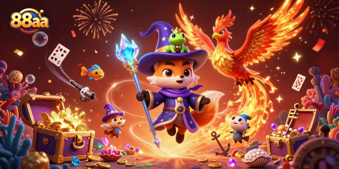 Experience the allure of winning with 88aa featuring a mystical wizard fox in a vibrant casino illustration.