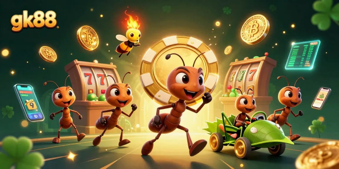 gk88 team of ants executing a casino heist with oversized poker chip amidst vibrant gaming elements