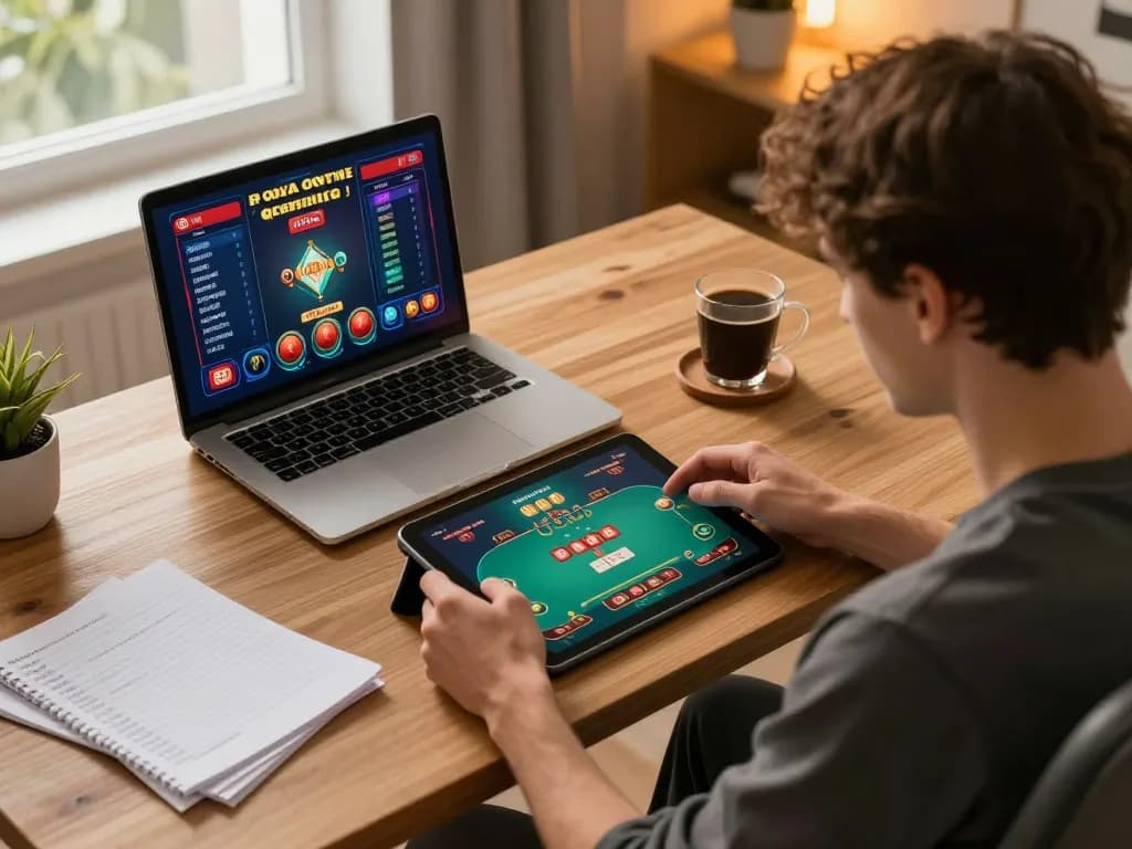 79king player enjoying a mobile poker game at home, showcasing engaging gameplay in a cozy environment.