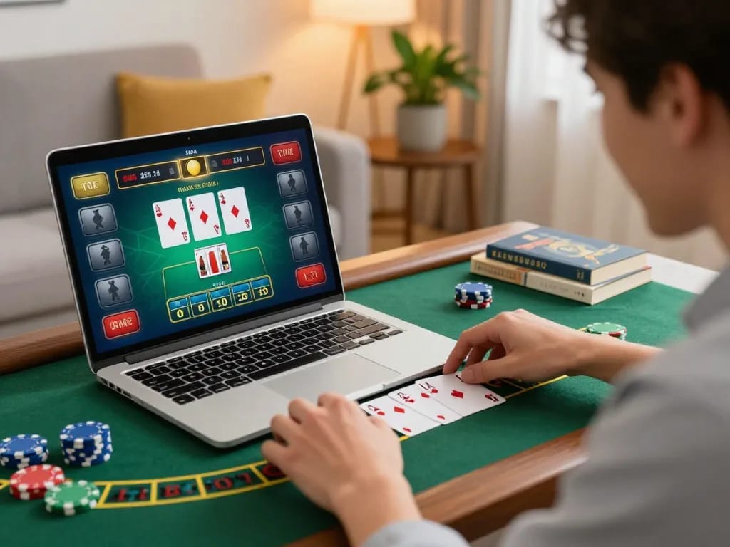 Pemain terlibat dengan permainan blackjack rokok88 di laptop dalam suasana yang nyaman.