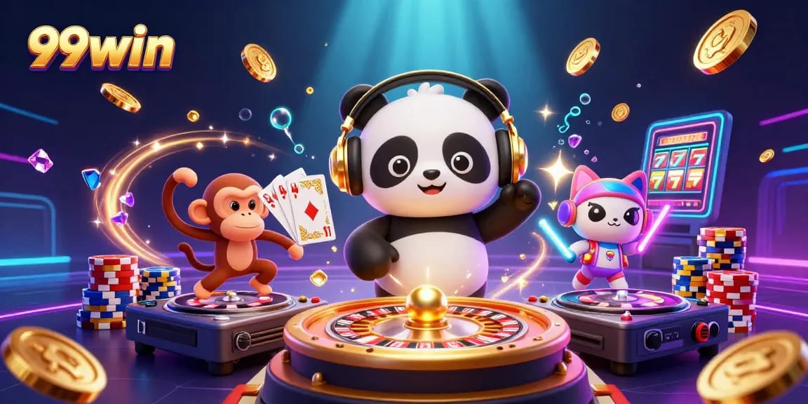 Experience the excitement of 99win with vibrant gaming characters and dynamic casino elements.