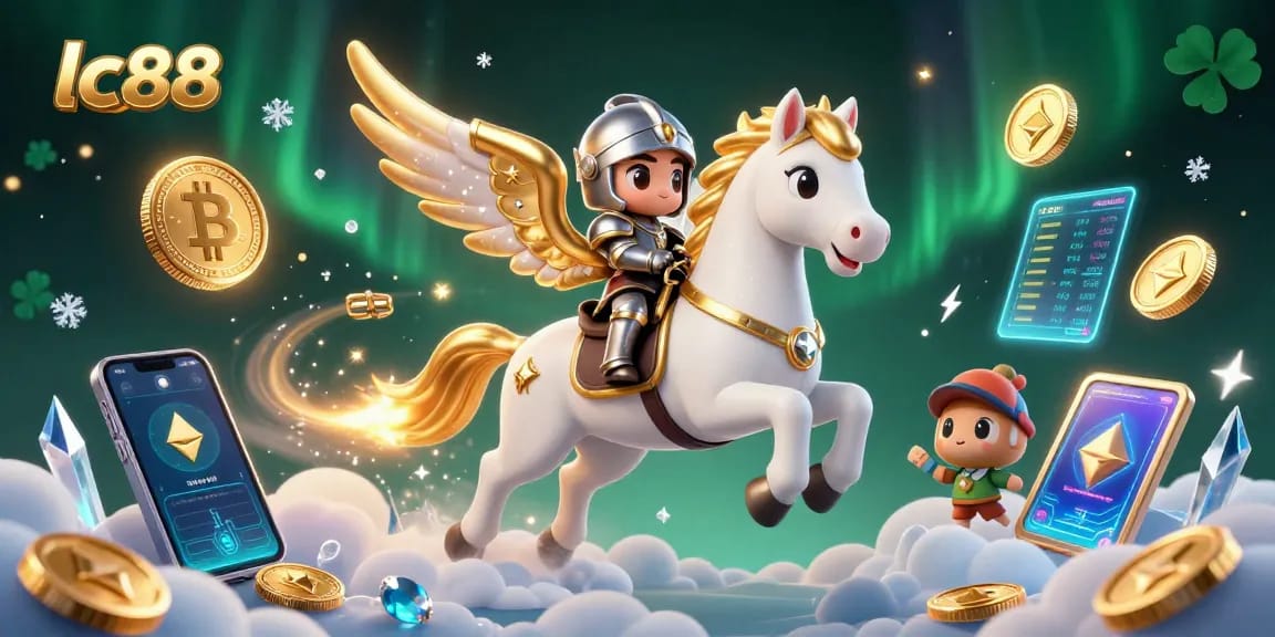Experience thrilling gameplay at lc88 with a vibrant illustration of a celestial horse and knight amidst crypto elements.