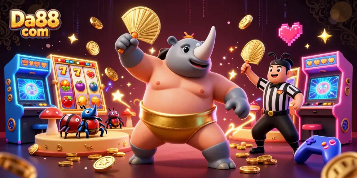 Experience the thrilling action with Da88 com at a vibrant casino scene featuring beetle champions and gold coins.
