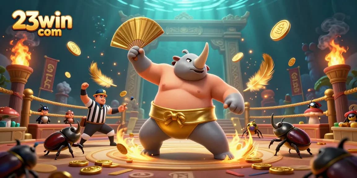 Experience thrilling action at 23win com with a vibrant scene featuring a rhinoceros beetle sumo champion