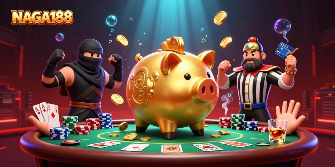 NAGA188 menampilkan ilustrasi kasino 3D dengan karakter unik dalam suasana menggembirakan dan elemen permainan yang menakjubkan.