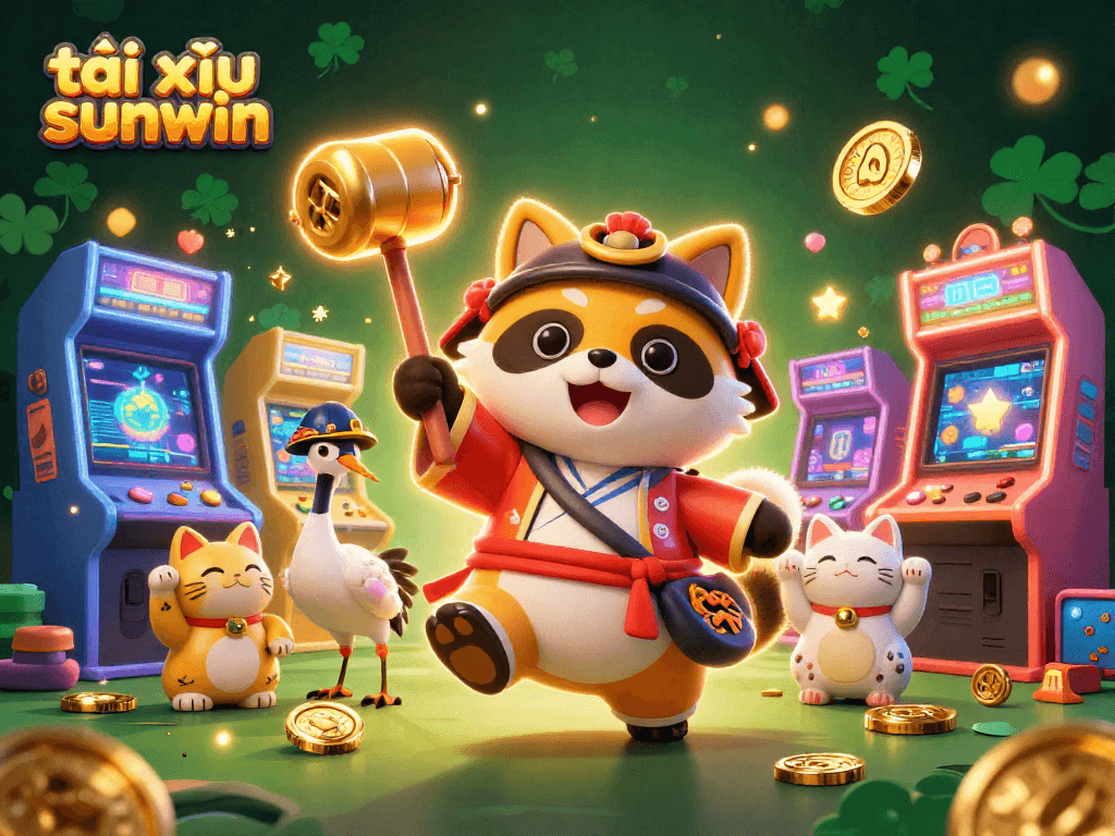 Play tài xỉu sunwin featuring a cheerful tanuki and gaming elements in a vibrant 3D illustration.