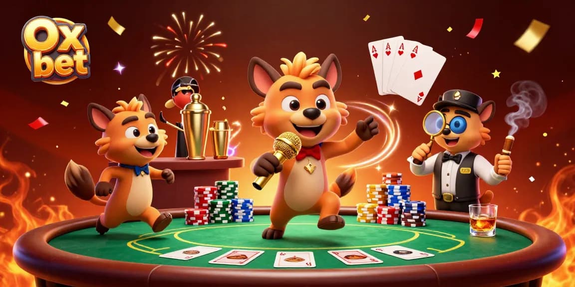 Hyenas entertain at Ox bet's comedy casino, showcasing vibrant poker tables and energetic fun.