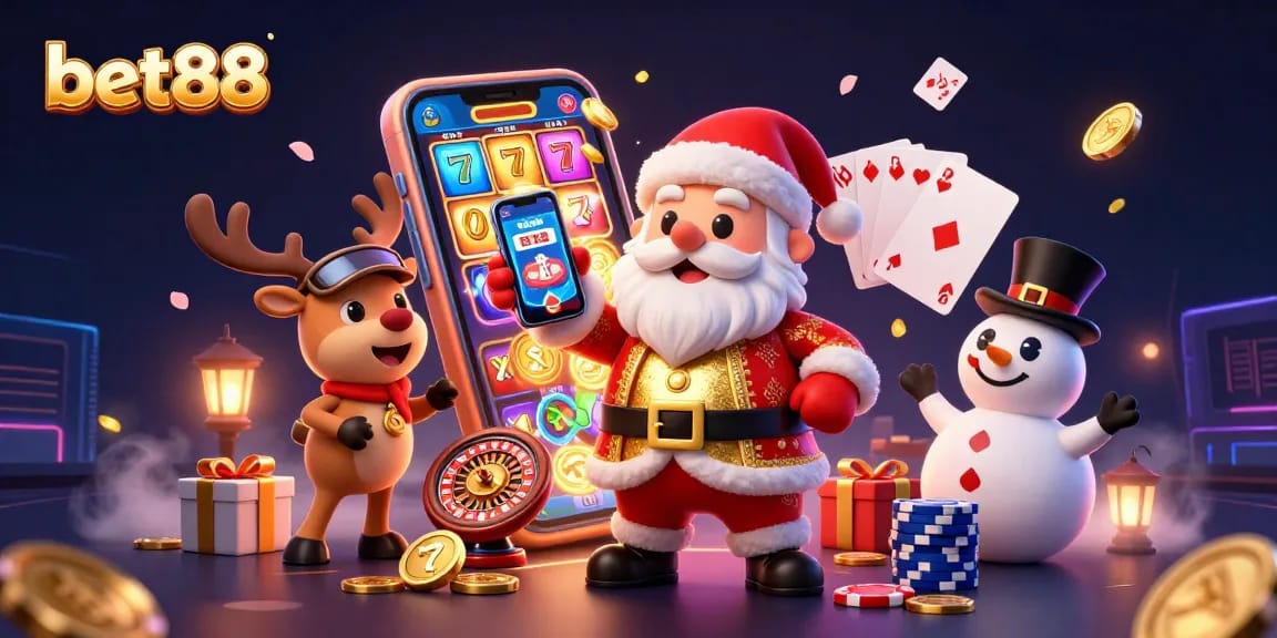 Experience thrilling jackpots with bet88 in this vibrant casino-themed 3D illustration featuring festive characters.