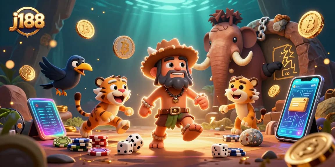 Experience thrilling gameplay at j188 with a vibrant 3D prehistoric casino scene featuring unique characters and exciting gaming elements.
