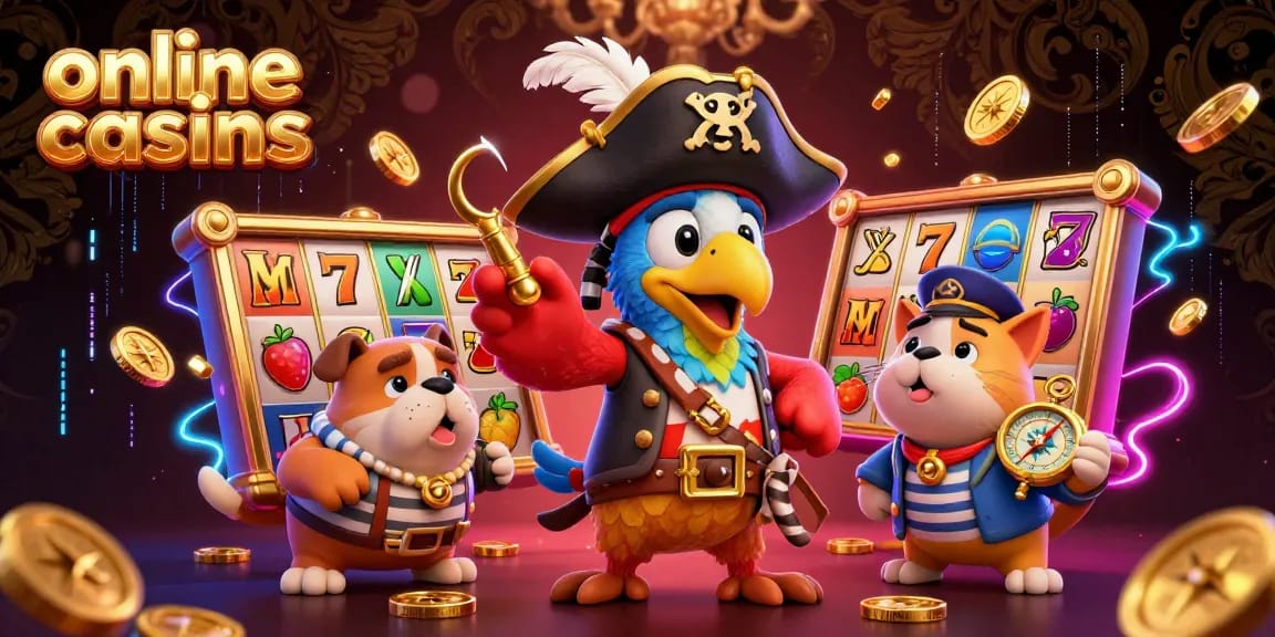 Engage in online casinos with thrilling visuals of a pirate captain, bulldog, and cat near slot reels.