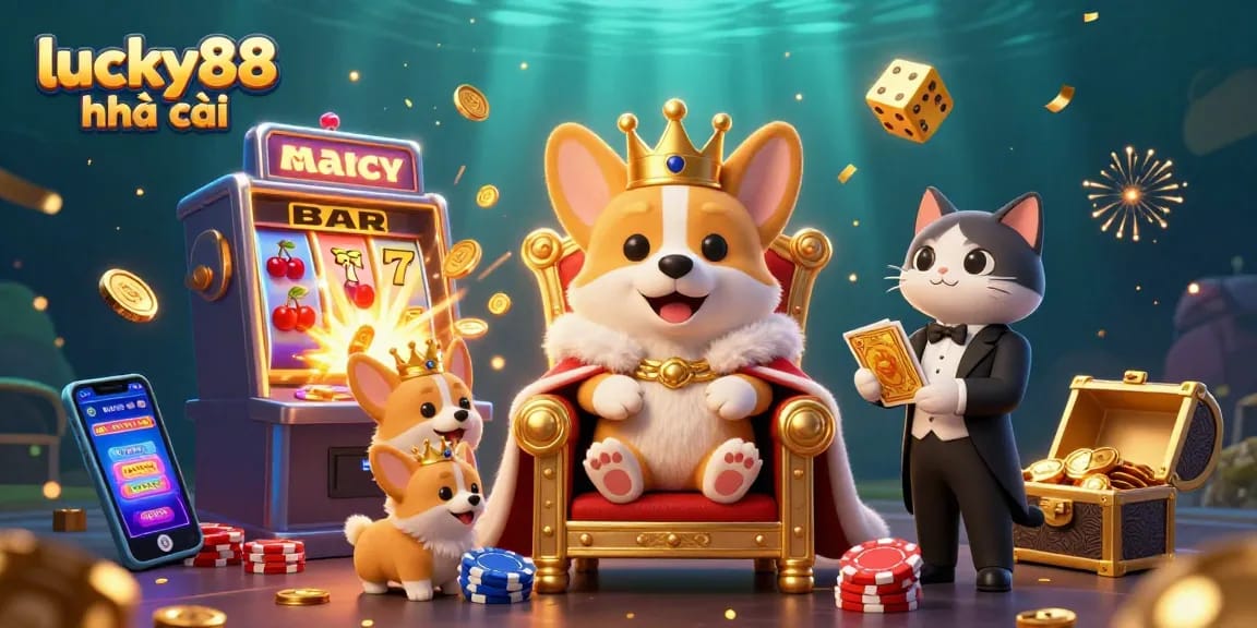 Experience the excitement of lucky88 nhà cái with vibrant casino elements and characters in a lively scene.