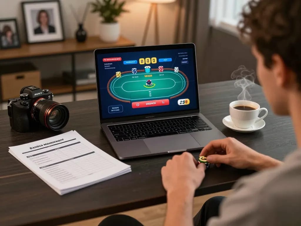 Player engaging in online poker at UK88, showcasing strategy notes and a vibrant gaming interface.