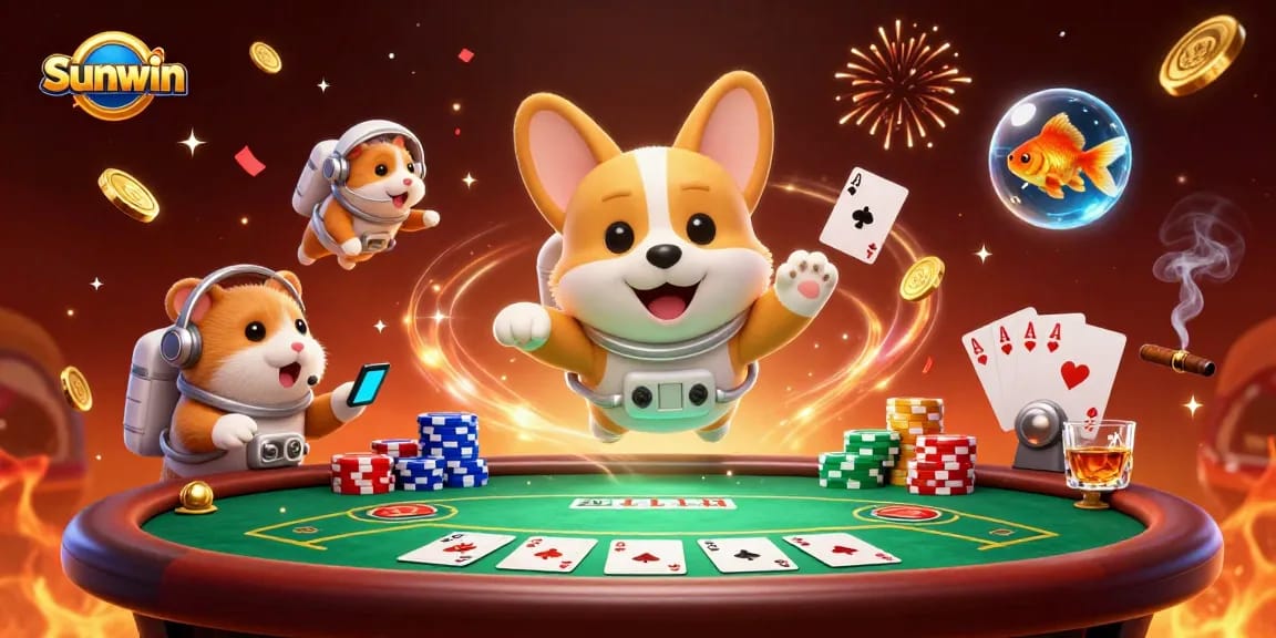 Experience thrilling gaming at Sunwin with a vibrant scene of playful characters in a casino setting.