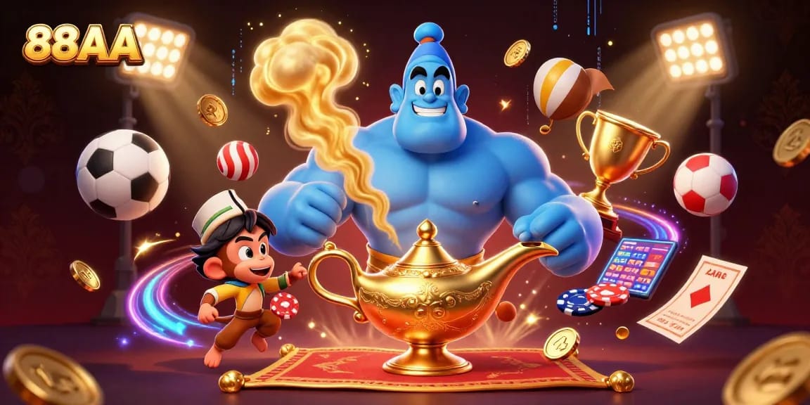 Experience the vibrant action of 88AA with a genie, monkey, and flying poker chips in 3D.