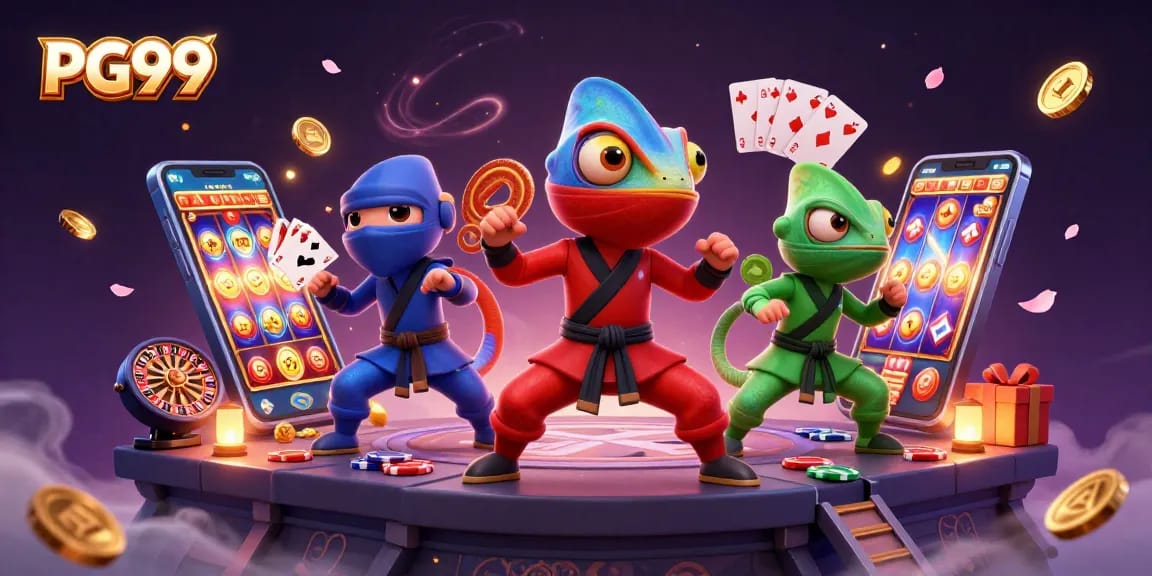 Spin and win at PG99 with vibrant chameleons showcasing synchronized martial arts amidst slot games and casino elements.