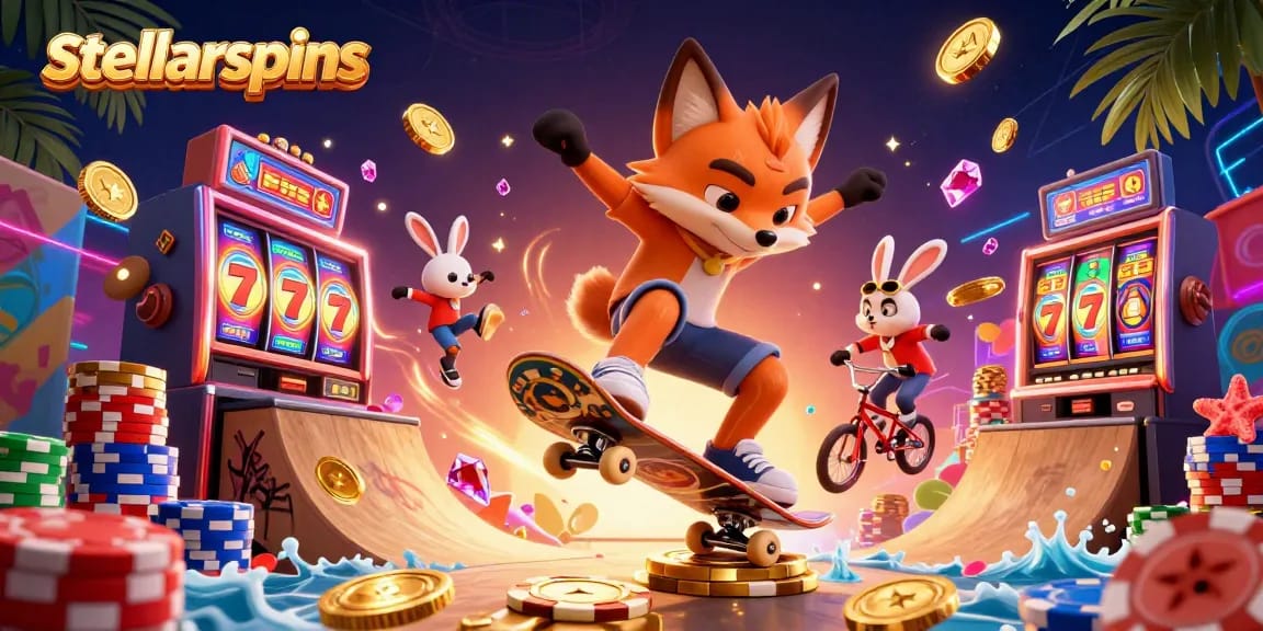 Experience stellarspins with a dynamic illustration featuring a skateboarding fox and vibrant casino elements.