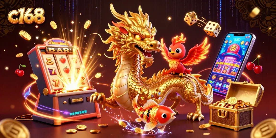Experience the thrill of c168 with a golden dragon, phoenix, and koi fish in a vibrant casino scene.