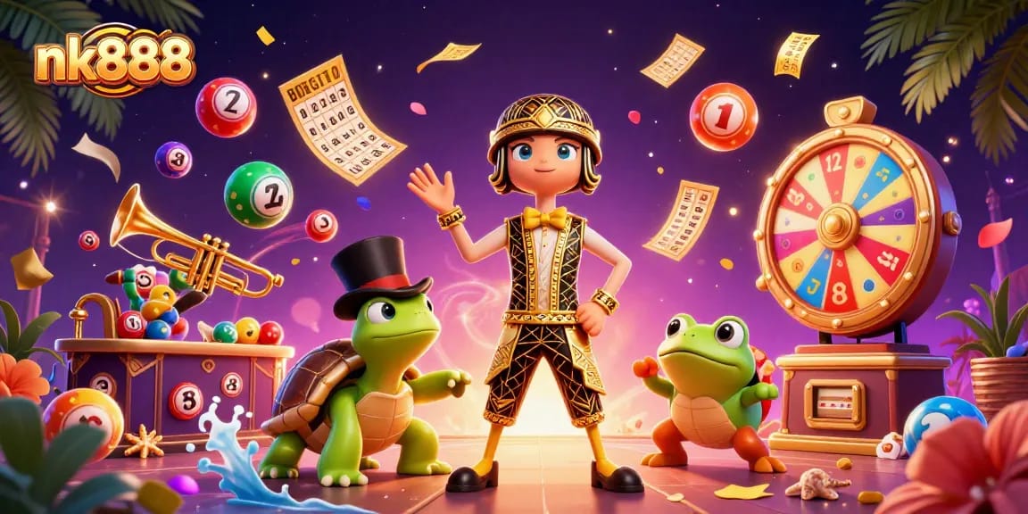 Join the excitement of nk888 with vibrant games and characters in this lively casino-themed illustration.