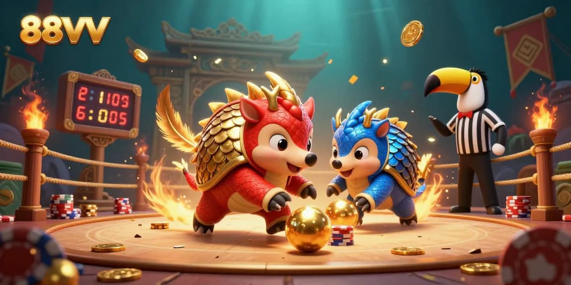88VV features playful pangolins competing in a vibrant casino-themed scene filled with poker chips and golden elements.