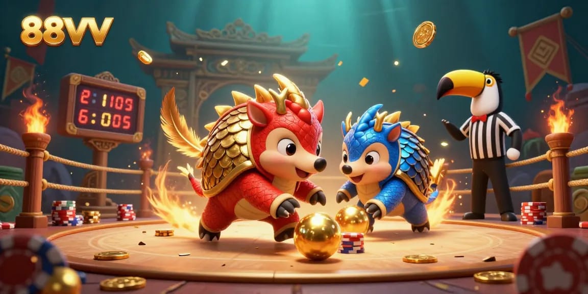88VV features playful pangolins competing in a vibrant casino-themed scene filled with poker chips and golden elements.