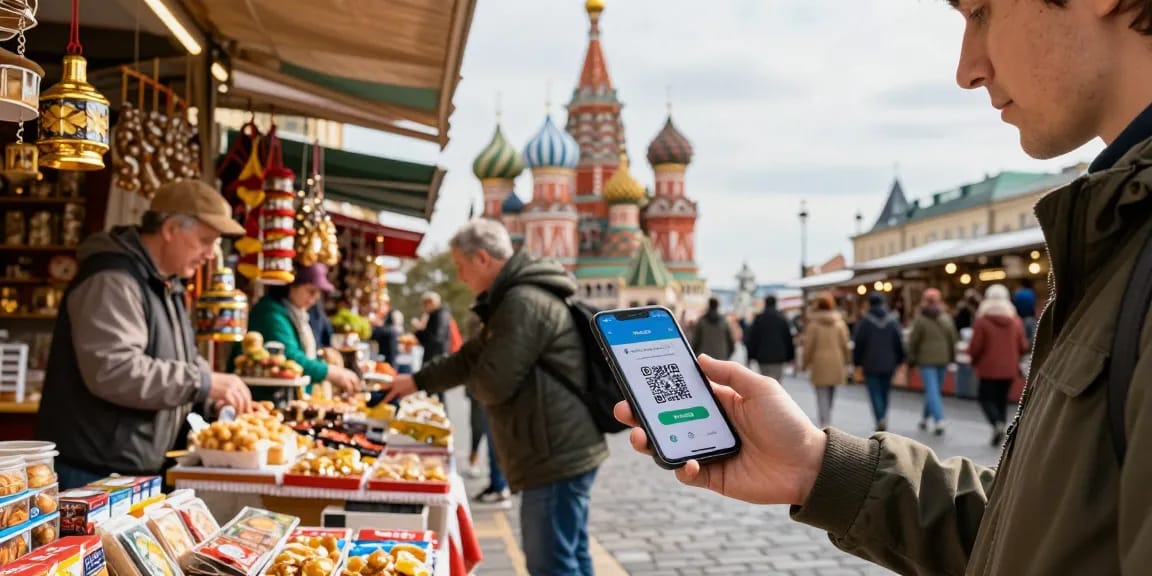 Ervaar gemak bij betalingen in Rusland met https://payinrussia.com/ via smartphone in levendige marktscene.