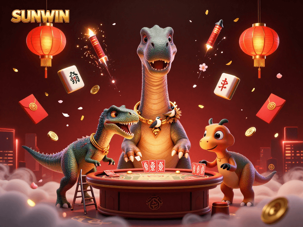 SUNWIN offers vibrant gameplay with a thrilling casino scene featuring a playful brontosaurus and clever raptor.