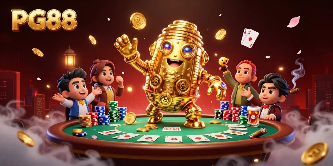 Win big with PG88 at this dynamic casino scene featuring a golden golem, poker elements, and vibrant atmosphere.