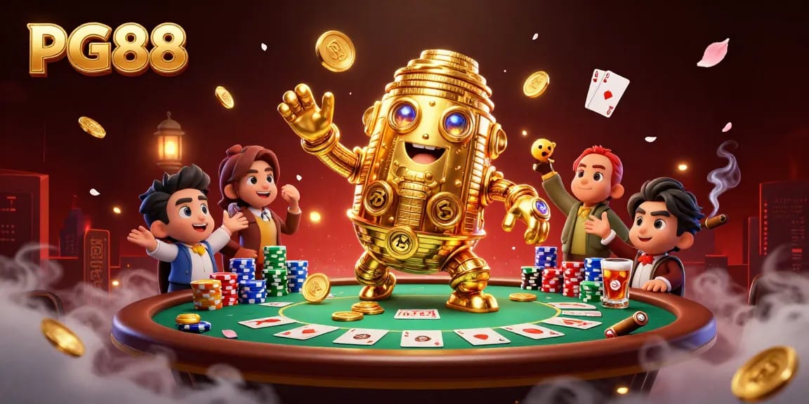 Win big with PG88 at this dynamic casino scene featuring a golden golem, poker elements, and vibrant atmosphere.