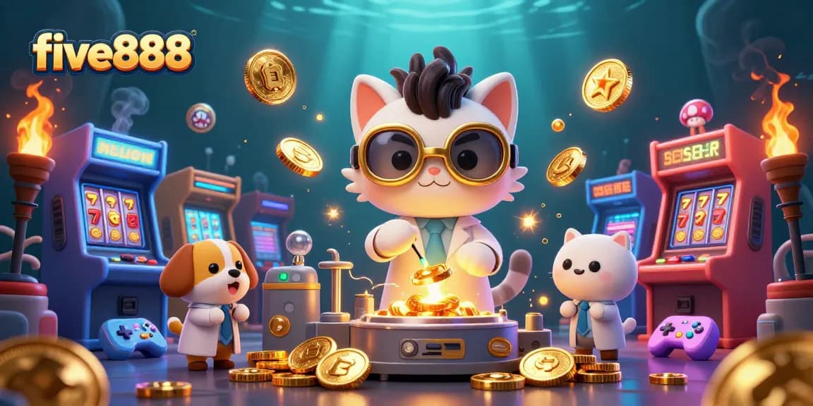 Experience thrilling gameplay with five888, featuring a mad scientist cat creating gold coins amidst vibrant casino elements.