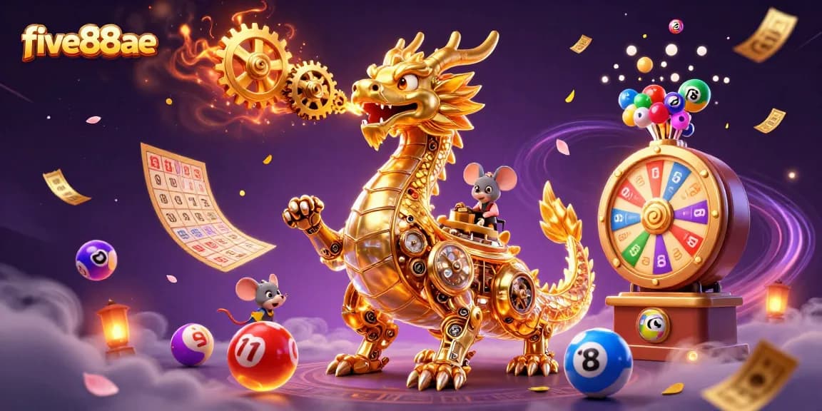 Experience five88ae as a golden dragon breathes riches; a vibrant casino scene comes alive with lottery excitement.