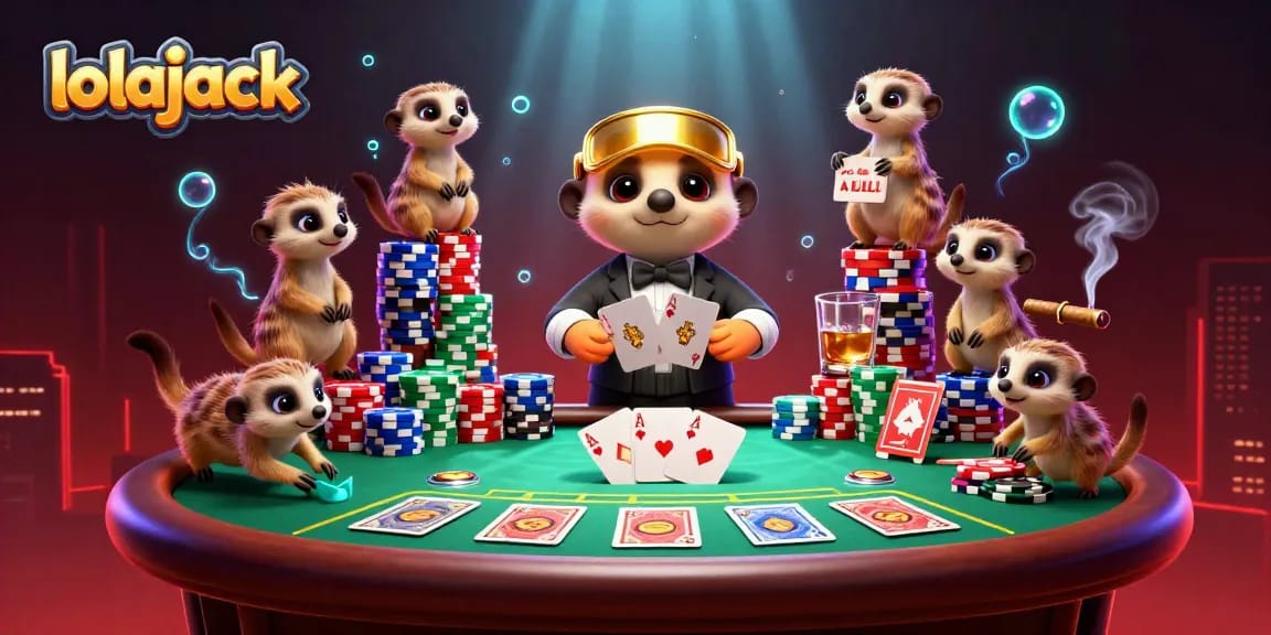 Experience the thrill of lolajack in a vibrant 3D casino scene with meerkats and poker elements.