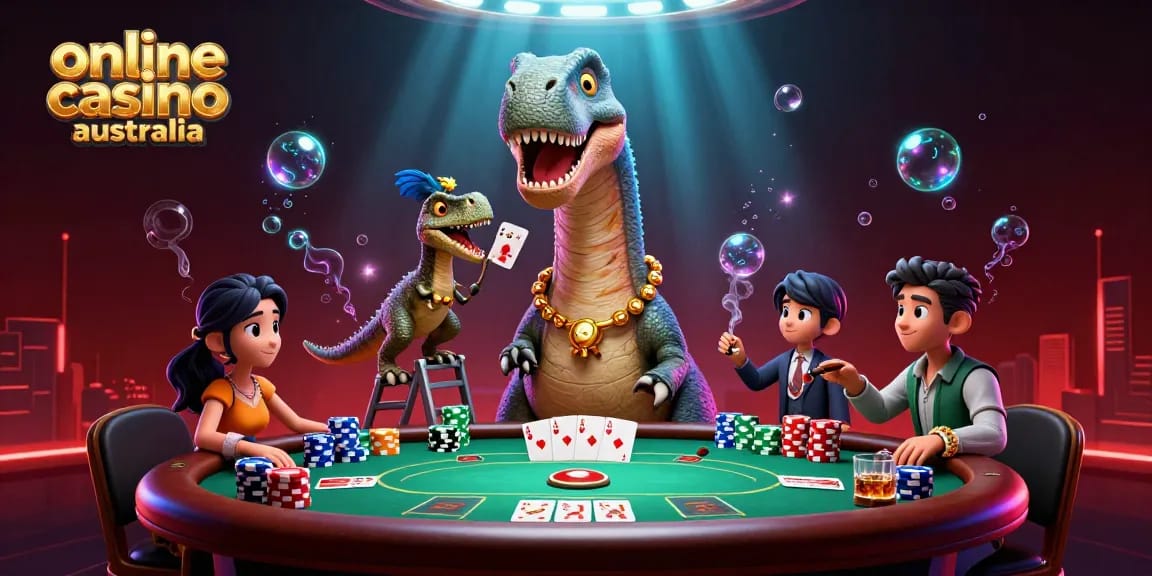 Engage with online casino Australia through a vibrant poker scene filled with 3D characters and chips.