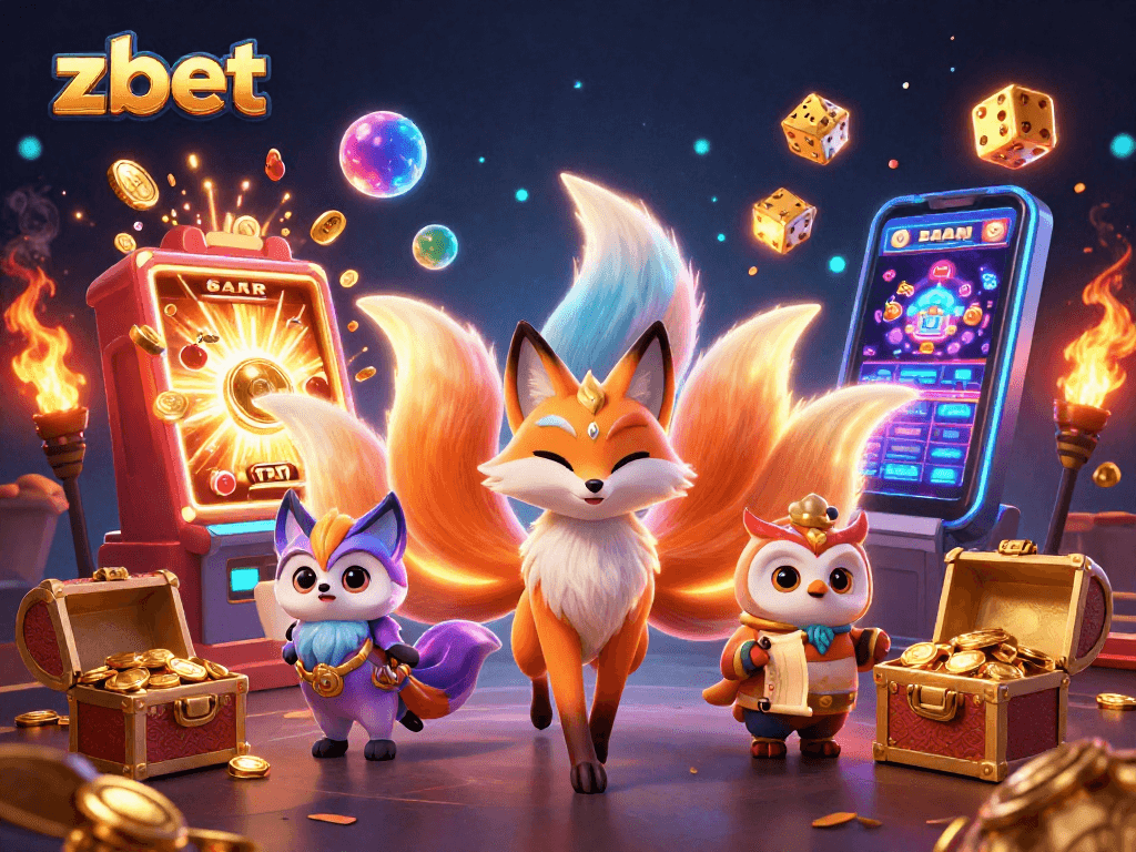 Experience thrilling casino excitement with zbet's vibrant 3D illustration featuring a glowing nine-tailed fox and jackpot celebrations.
