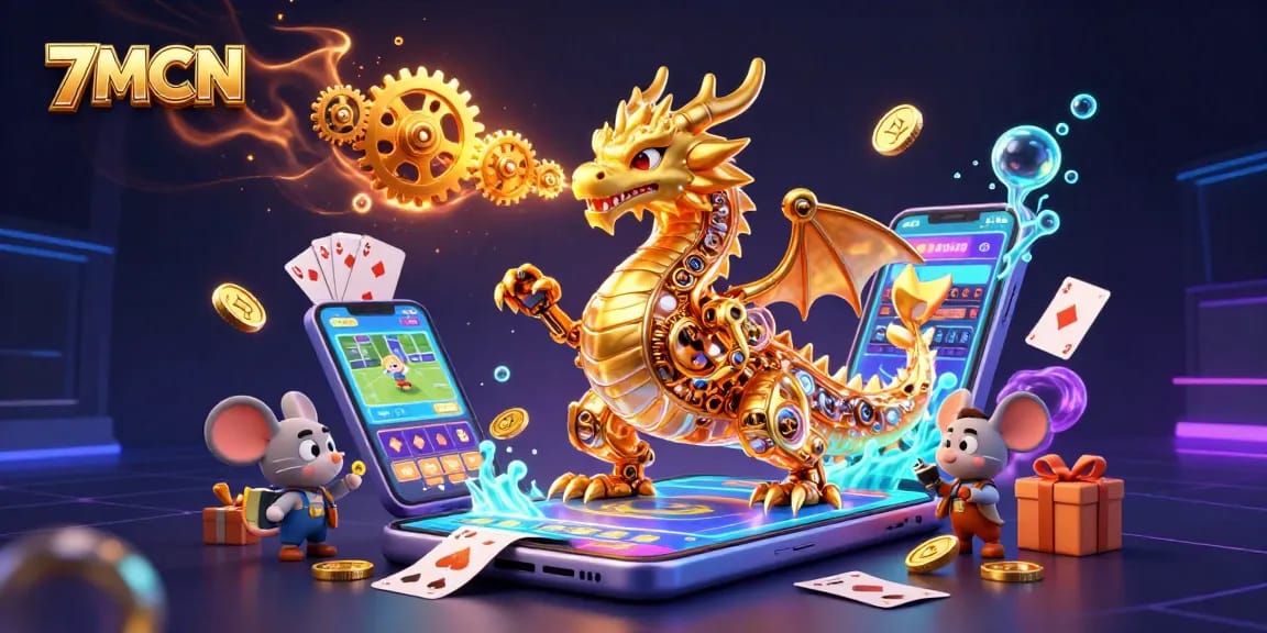 7MCN shows a golden dragon amidst a vibrant sports betting atmosphere with coins and cards