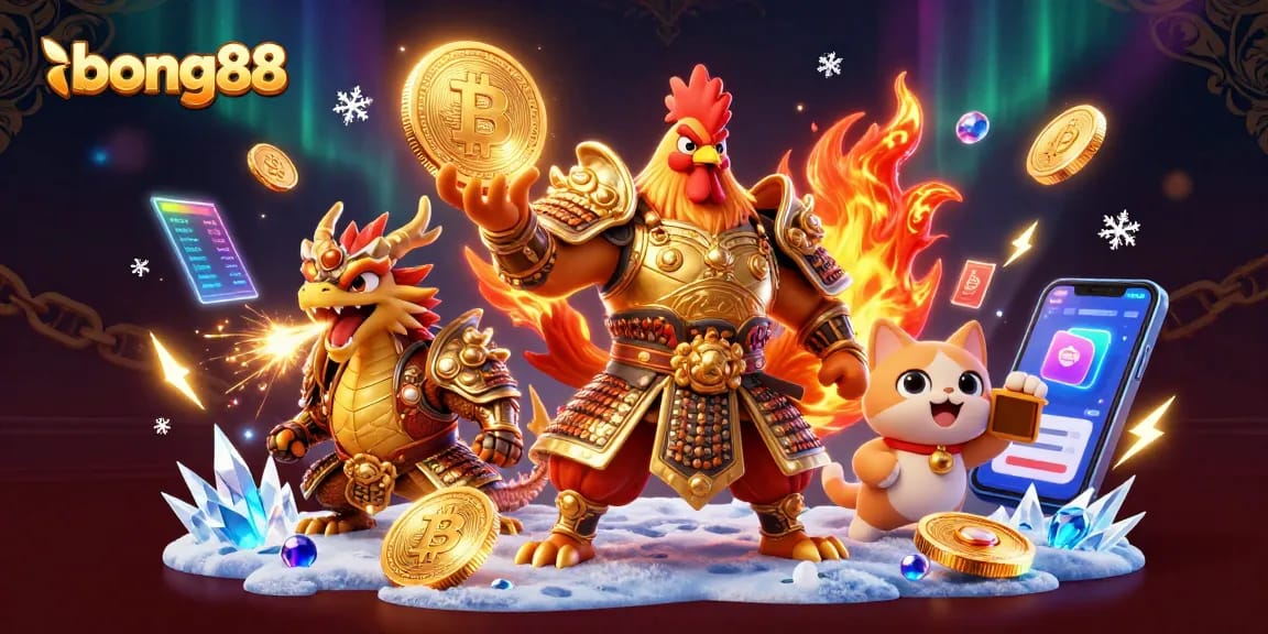 Experience the thrill of bong88 with a dynamic casino scene featuring a fighting rooster and armored dragon, surrounded by crypto elements.