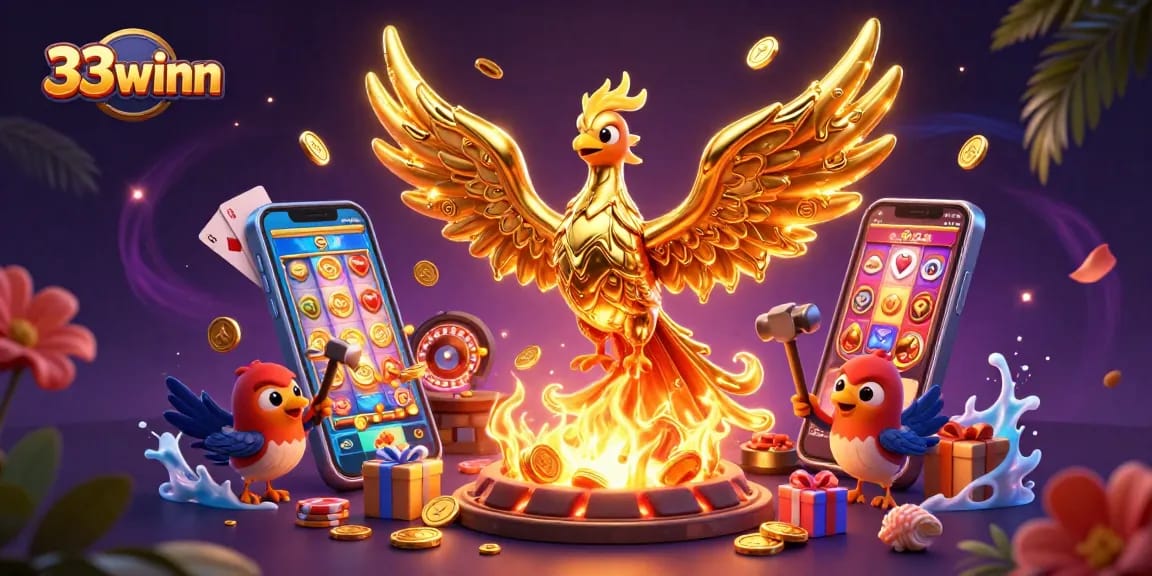 Experience excitement at 33winn with a golden phoenix soaring over a vibrant casino scene.