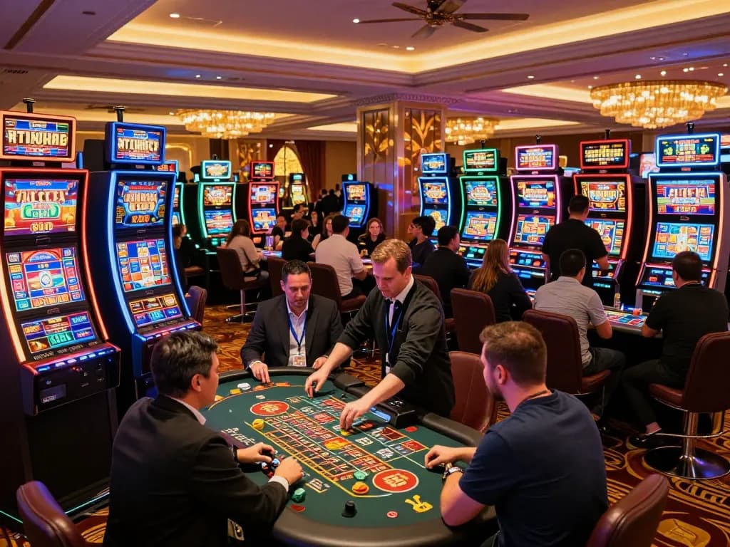 Engaging players at a lively 789win casino slot machine and roulette tables.