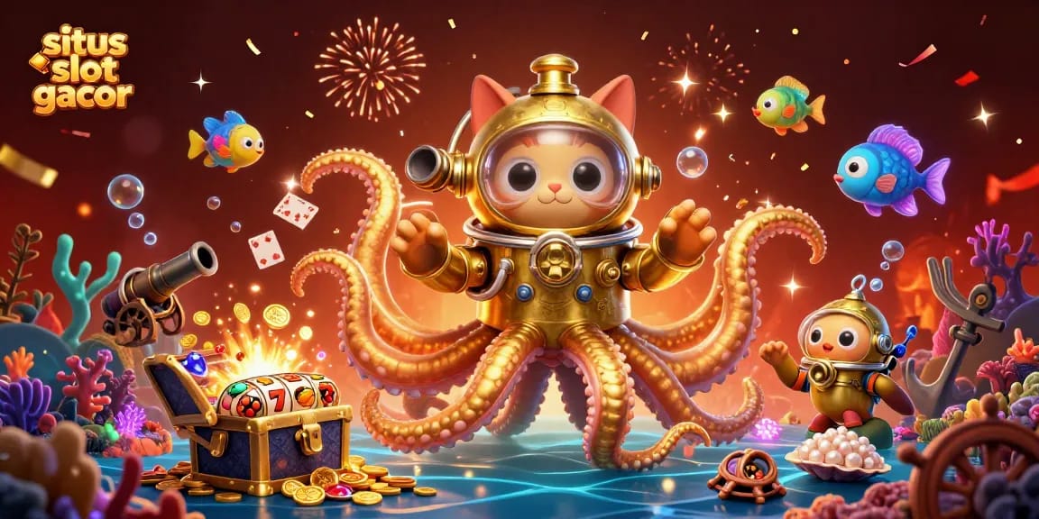 Experience the thrill of situs slot gacor with vibrant 3D illustration of a kraken, diving cat, and slot symbols.