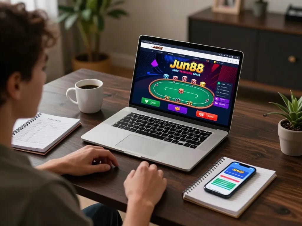 Player enjoying online casino action on Jun88 platform, highlighting engaging poker gameplay and strategy notes.