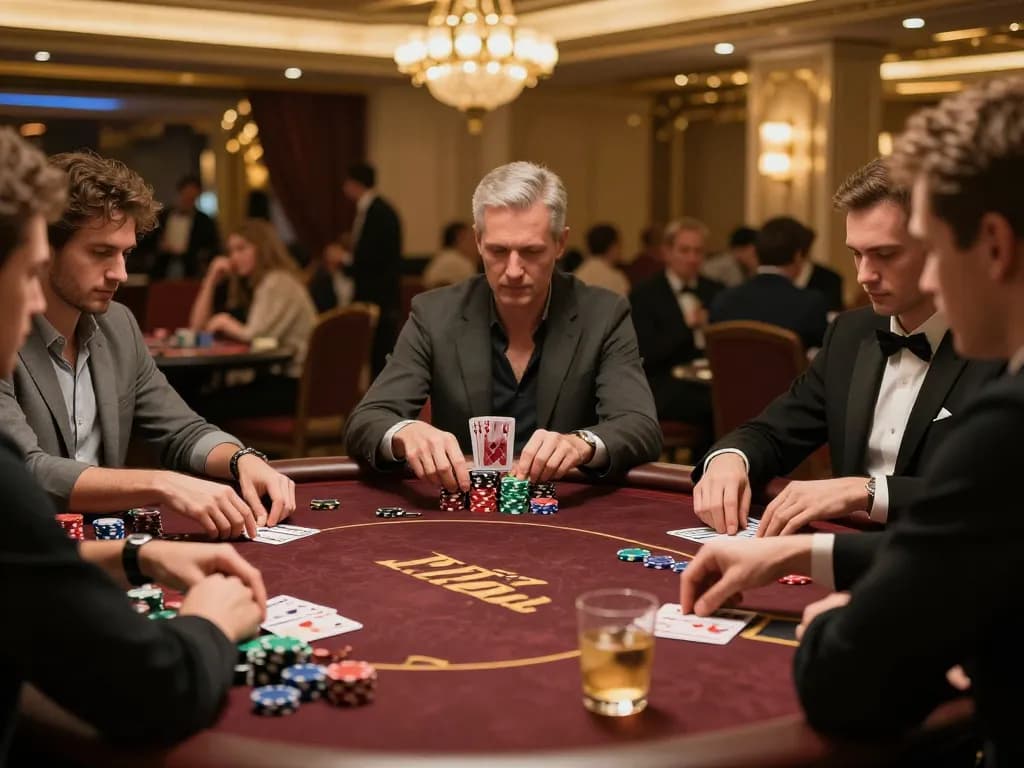 Players engaged in a competitive poker game at a luxury casino while exploring Vin88 chính thức.