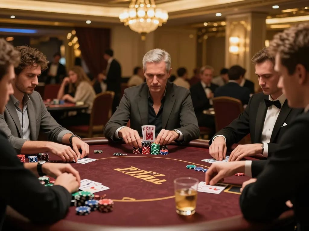 Players engaged in a competitive poker game at a luxury casino while exploring Vin88 chính thức.