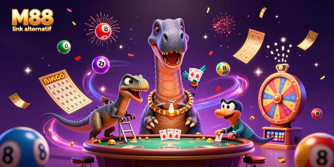 Engage with M88 link alternatif through a vibrant and animated casino scene packed with colorful elements.