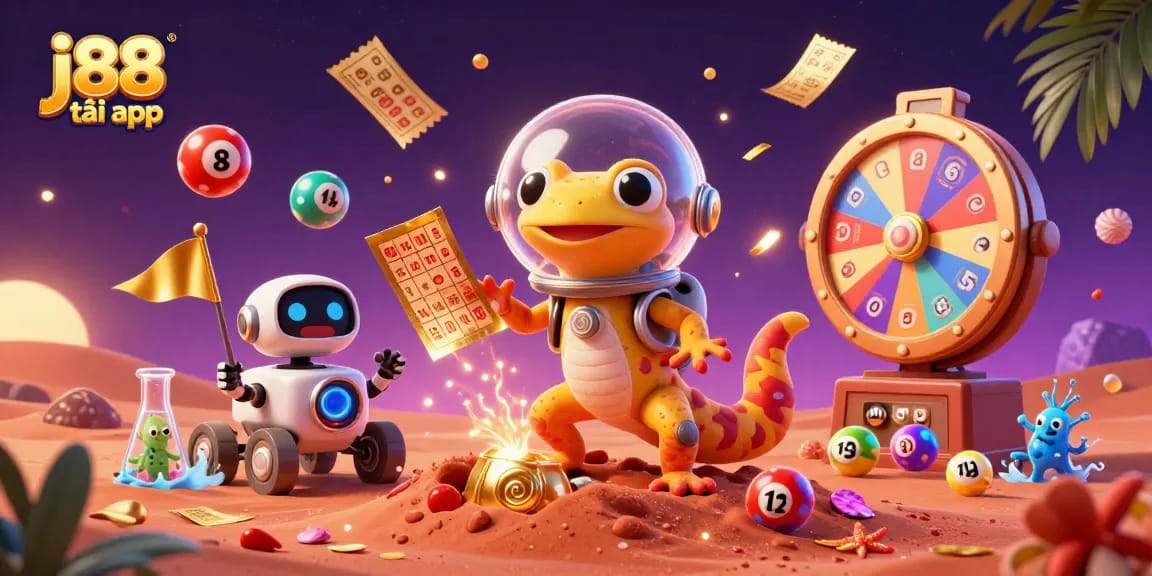 Celebrate wins with j88 tải app showcasing vibrant casino elements with a Martian gecko.
