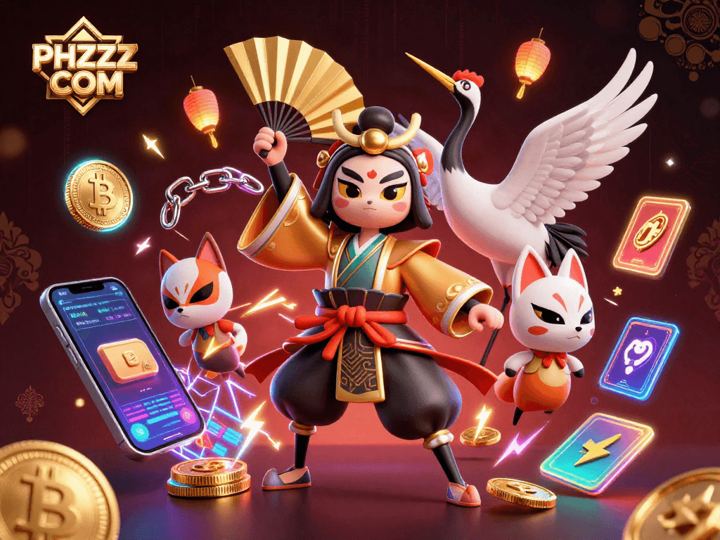 Experience the thrill of PHZZZ COM with vibrant 3D casino-themed characters and shimmering Bitcoin elements.