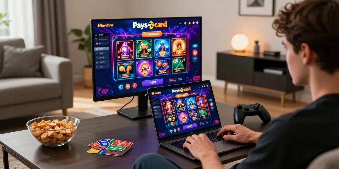 Spieler, der zu Hause an einem Paysafe Card Casino-Spiel teilnimmt, mit lebhaften Grafiken, Snacks und stimmungsvoller Beleuchtung.