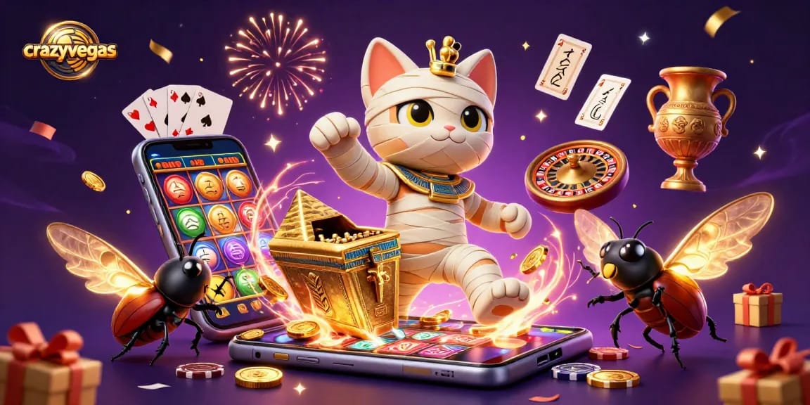 Experience crazyvegas thrills with an Egyptian mummy cat bursting from a casino sarcophagus.