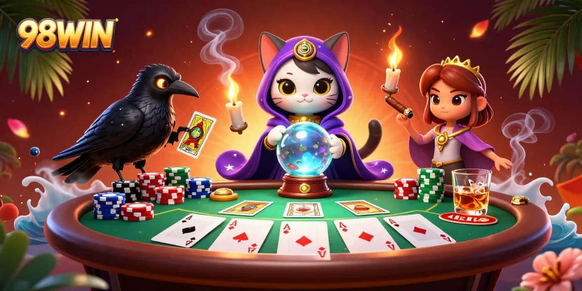 Play poker with 98WIN's engaging mystic characters in a vibrant casino illustration.