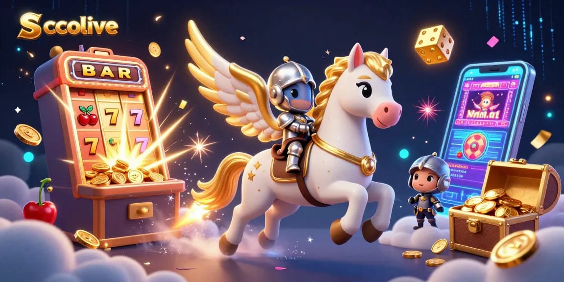 Socolive offers a vibrant scene of a celestial horse and knight in an exciting gambling environment full of games, coins, and jackpots.