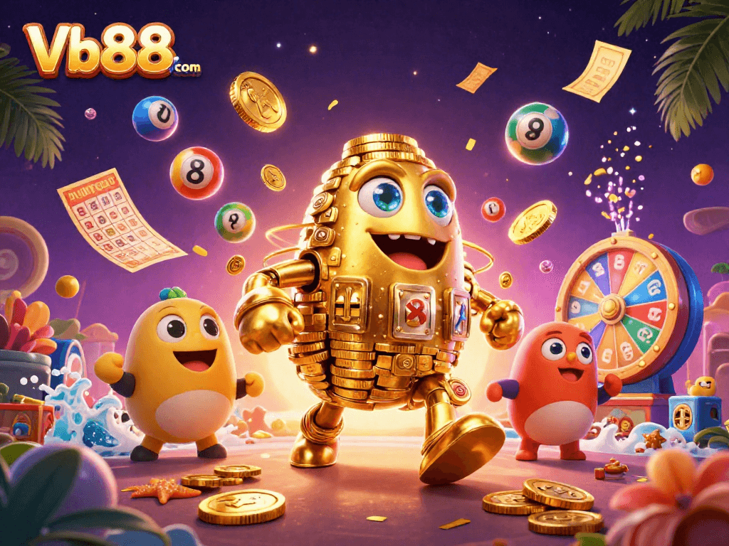 Engage with thrilling games at Vb88. com, featuring an ancient golden golem surrounded by dynamic lottery and casino elements.