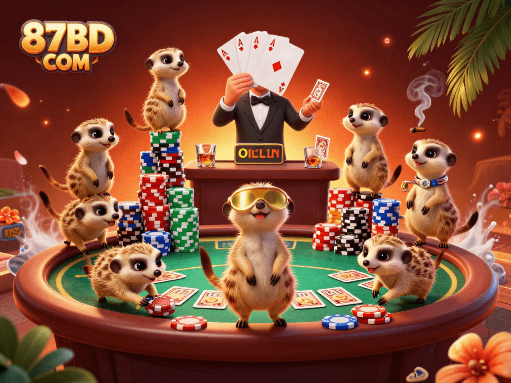 Engage with 87BD COM in this vibrant casino scene featuring playful meerkats and dynamic gaming elements.